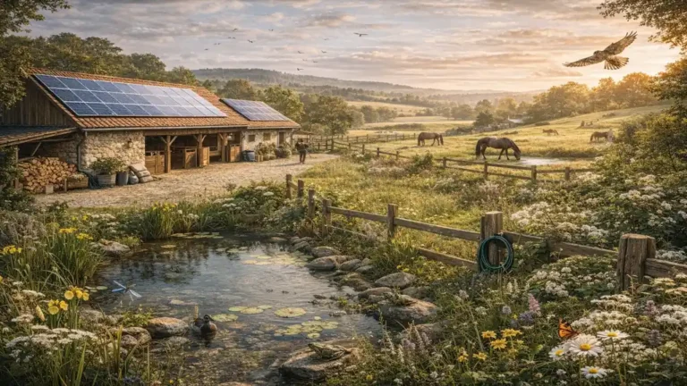 Propriété rurale favorisant la biodiversité avec prairie naturelle, haies bocagères, mare écologique et chevaux en pâturage extensif.