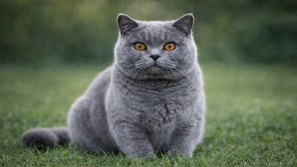 Chat British Shorthair bleu assis dans l’herbe, reconnaissable à sa tête ronde, son pelage dense et ses grands yeux dorés