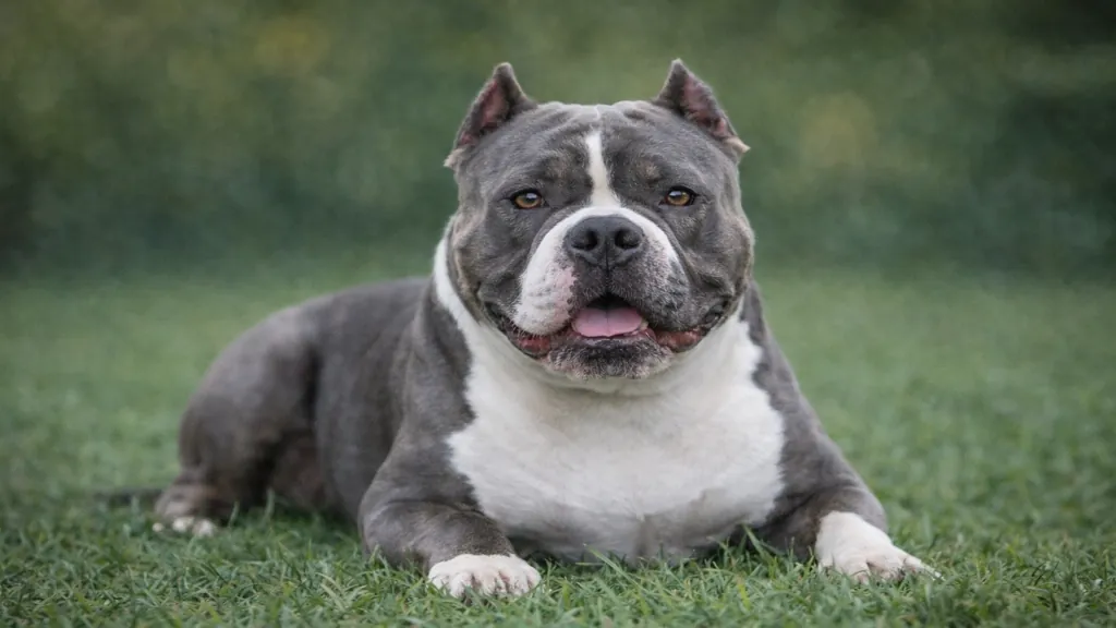 Chien American Bully musclé allongé dans l’herbe, illustrant le physique compact et puissant de cette race de compagnie américaine
