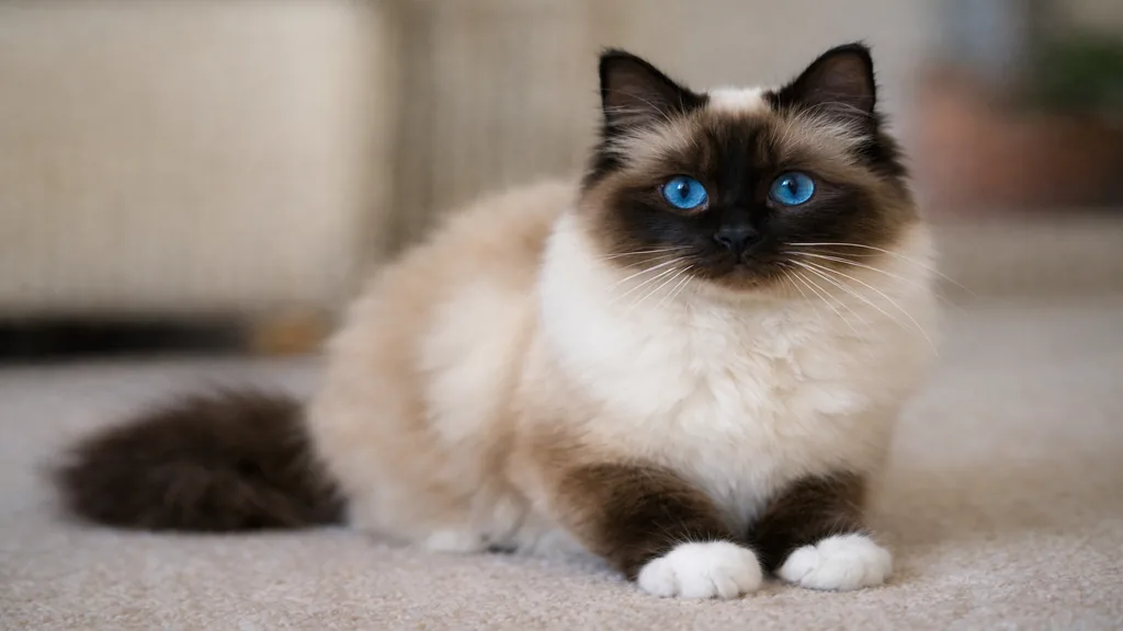Chat sacré de Birmanie au pelage colourpoint avec yeux bleu saphir et gants blancs distinctifs, allongé calmement en intérieur