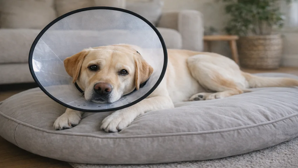 Chien Labrador portant une collerette vétérinaire rigide après une intervention, allongé calmement sur un coussin à l’intérieur