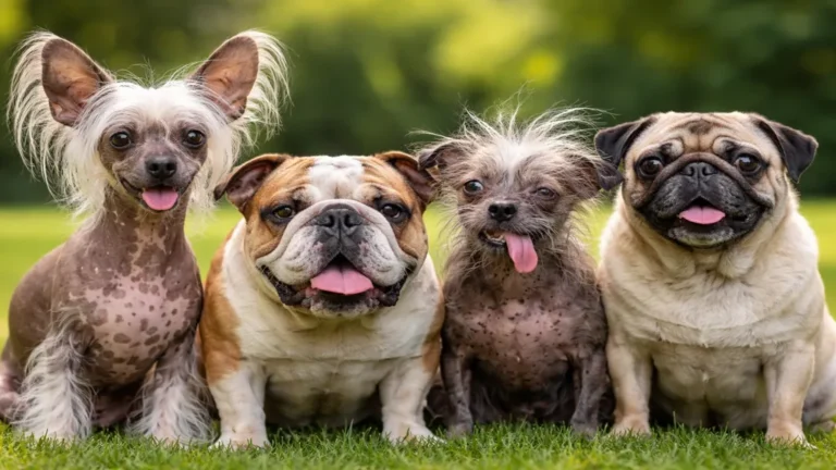 Groupe de chiens au physique atypique et attachant, dont chien nu, bouledogue et carlin, illustrant les races souvent qualifiées de chiens moches