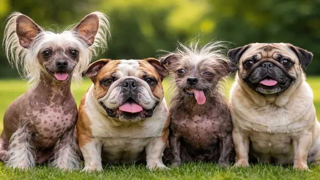Groupe de chiens au physique atypique et attachant, dont chien nu, bouledogue et carlin, illustrant les races souvent qualifiées de chiens moches