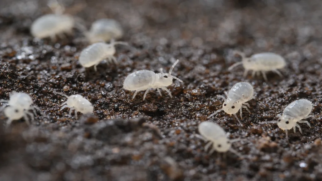 Collemboles visibles en macro sur un sol humide, micro-arthropodes inoffensifs indiquant un excès d’humidité dans l’habitat