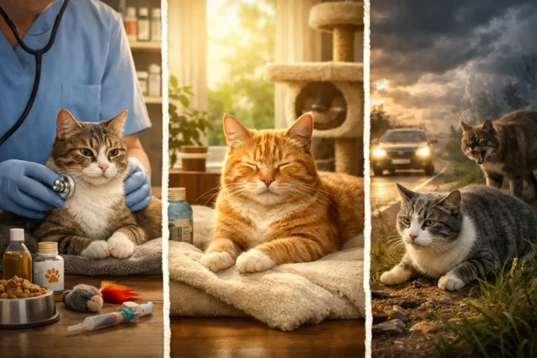 Chat d’intérieur en bonne santé bénéficiant de soins vétérinaires, comparé à un chat d’extérieur exposé aux dangers, illustrant les facteurs qui influencent la durée de vie du chat.