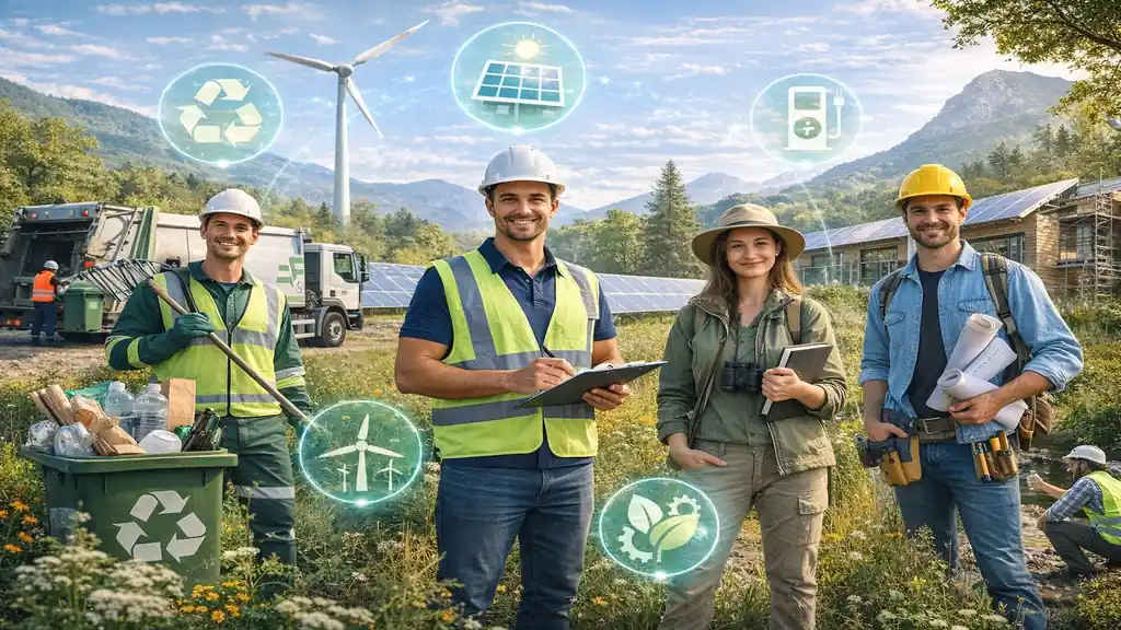 Métiers de l’environnement et de la transition écologique avec professionnels des énergies renouvelables, du recyclage et de l’éco-construction