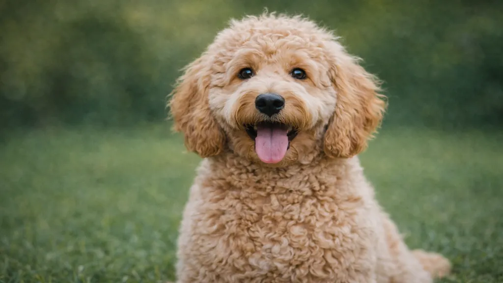 Goldendoodle à pelage bouclé couleur dorée assis dans l’herbe, illustrant le croisement entre Golden Retriever et Caniche