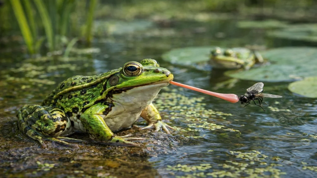 Grenouille verte commune (Pelophylax kl. esculentus) au bord d’une mare, espèce aquatique auxiliaire du jardin se nourrissant d’insectes