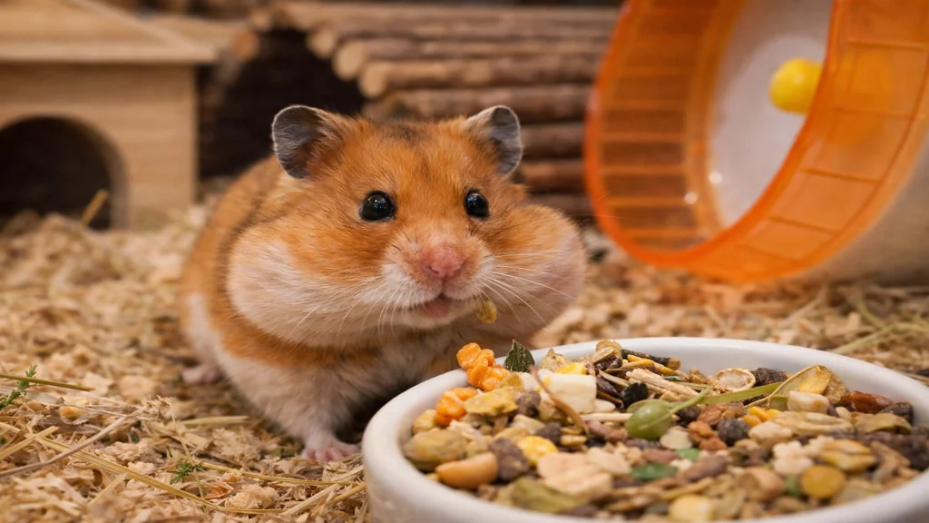 Hamster doré ou hamster syrien (Mesocricetus auratus) avec abajoues pleines de graines dans son habitat, rongeur domestique nocturne et solitaire