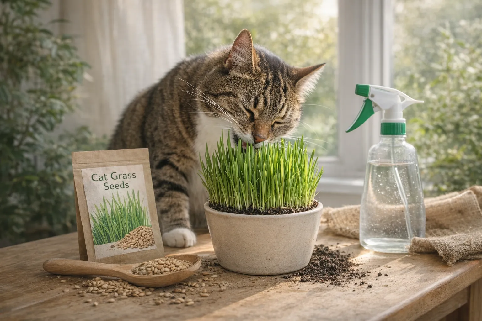 Chat d’intérieur mangeant de l’herbe à chat fraîche en pot, illustrant le rôle des graminées pour la digestion et l’élimination des boules de poils.