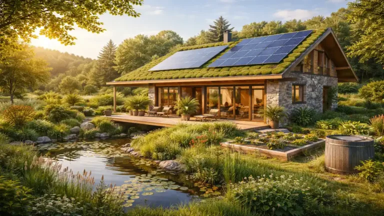 Maison écologique moderne en bois et pierre avec toiture végétalisée, panneaux solaires et intégration paysagère naturelle