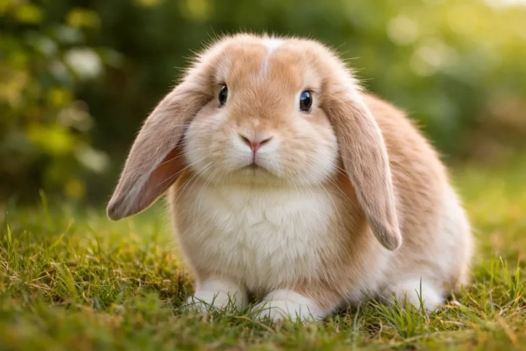 Lapin bélier aux oreilles tombantes posé sur l’herbe, illustrant le tempérament calme, la morphologie caractéristique et les besoins spécifiques de cette race de lapin domestique.