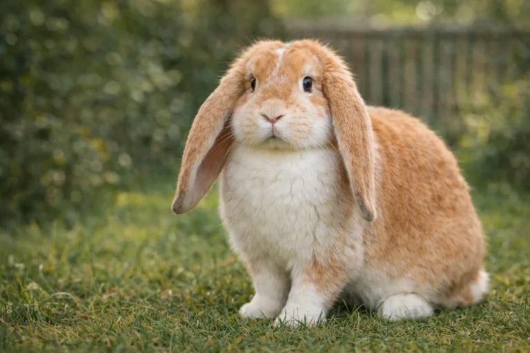 Lapin bélier géant de type bélier français posé sur l’herbe, montrant son gabarit imposant, ses longues oreilles tombantes et sa morphologie caractéristique.