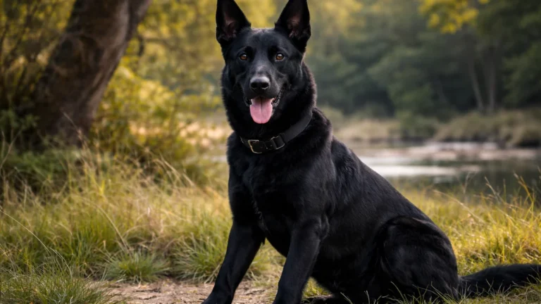 Chien type malinois noir assis dans l’herbe en lisière de forêt, portrait réaliste en lumière dorée avec arrière-plan flou.
