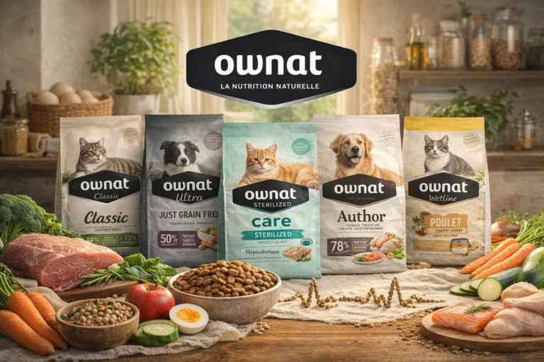 Gammes de croquettes Ownat pour chiens et chats avec viande fraîche et ingrédients naturels, illustrant les différentes formules Classic, Ultra, Care, Author et Wetline.
