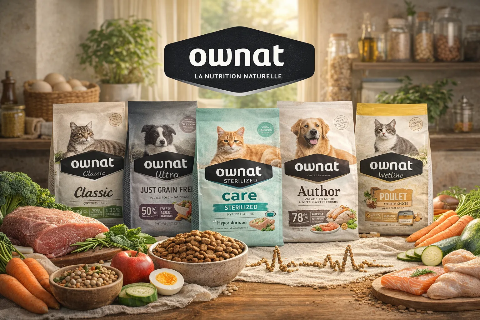Gammes de croquettes Ownat pour chiens et chats avec viande fraîche et ingrédients naturels, illustrant les différentes formules Classic, Ultra, Care, Author et Wetline.