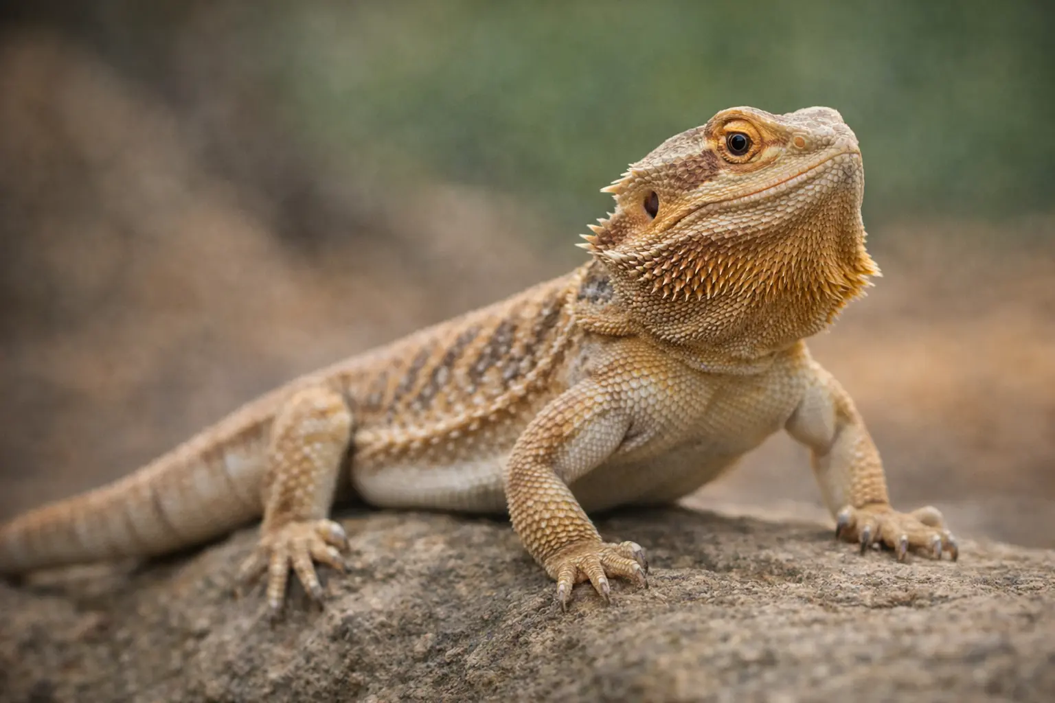 Pogona vitticeps adulte posé sur un rocher, montrant sa barbe écailleuse et sa morphologie robuste, éclairé naturellement dans un environnement aride.