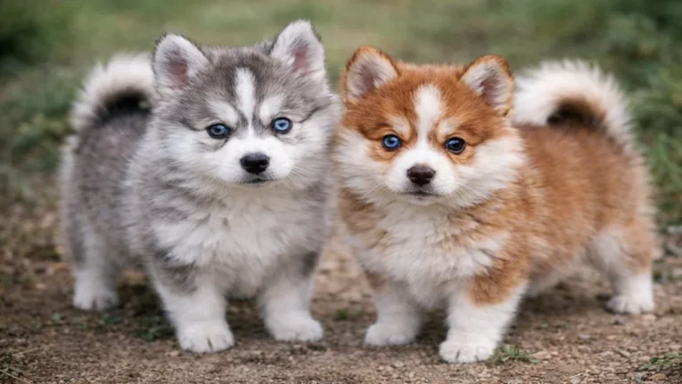 Chiots pomsky nain, croisement husky sibérien et spitz nain, illustration du gabarit réduit et de l’apparence husky miniature
