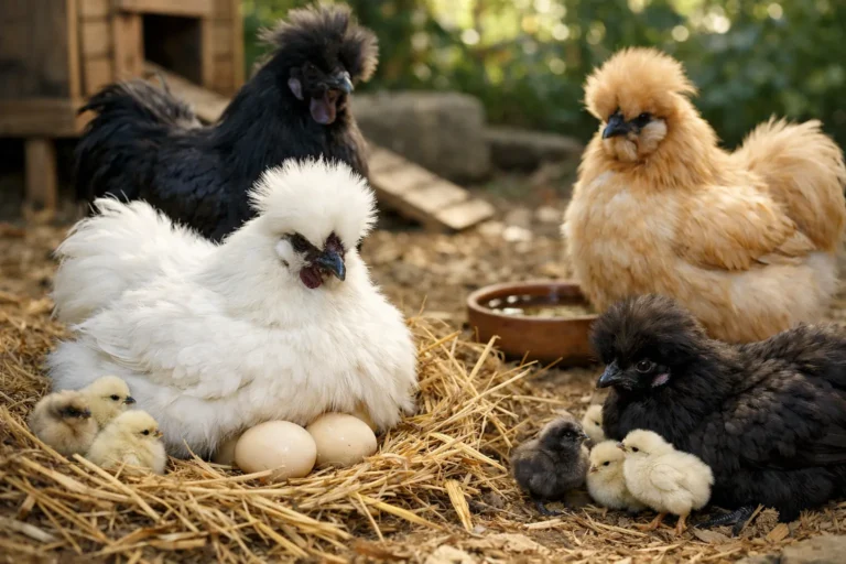 Poule de soie blanche couvant ses œufs dans un poulailler sec, entourée d’autres poules de soie et de poussins, montrant son plumage soyeux et son instinct maternel.