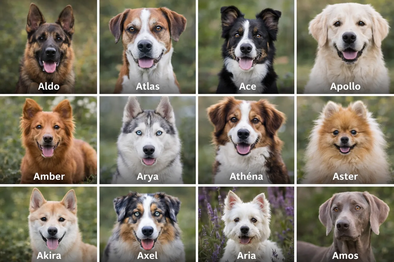 Chiens de différentes races illustrant des idées de prénoms de chien commençant par la lettre A comme Aldo, Atlas, Ace, Apollo, Arya ou Aria.