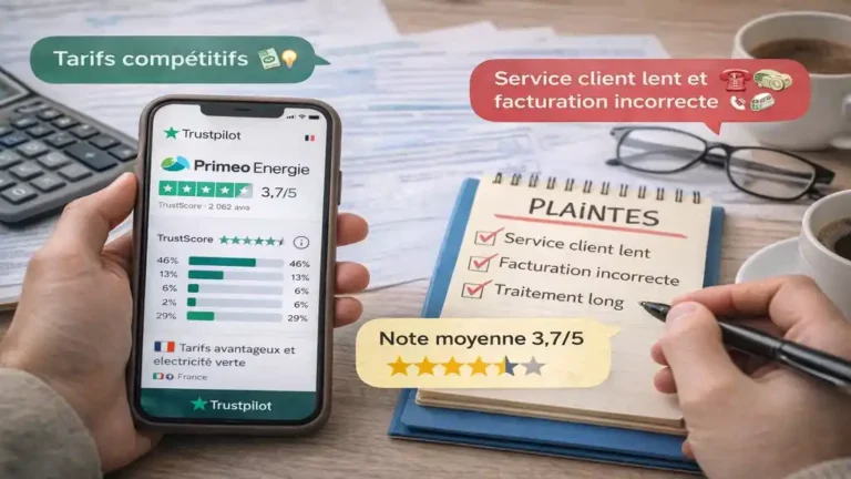Avis clients Primeo Energie avec note Trustpilot 3,7 sur 5, mettant en avant des tarifs compétitifs et des critiques sur le service client et la facturation