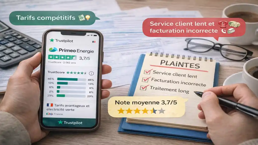 Avis clients Primeo Energie avec note Trustpilot 3,7 sur 5, mettant en avant des tarifs compétitifs et des critiques sur le service client et la facturation