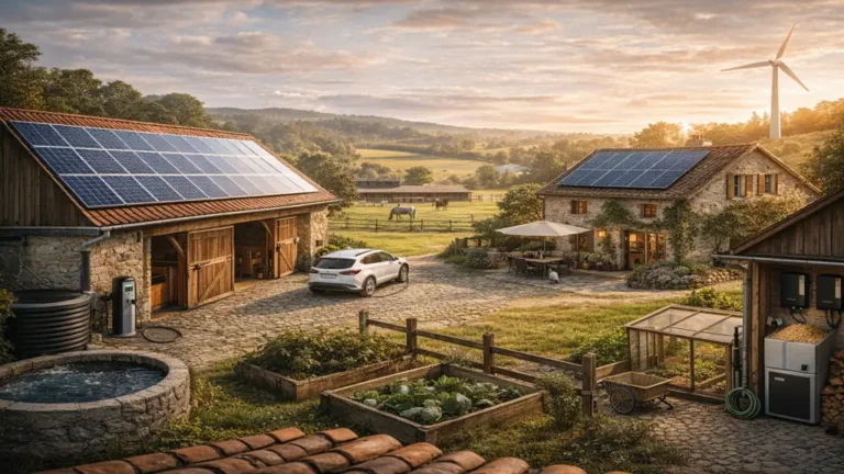 Bâtiment rural rénové avec panneaux solaires, récupération d’eau de pluie et solutions d’énergie renouvelable, illustrant la rénovation énergétique à la campagne.