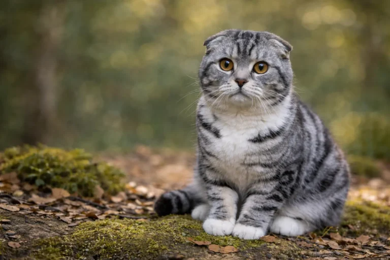 Chat Scottish Fold adulte aux oreilles pliées, pelage gris tabby et yeux ambrés, photographié en extérieur dans un environnement naturel.