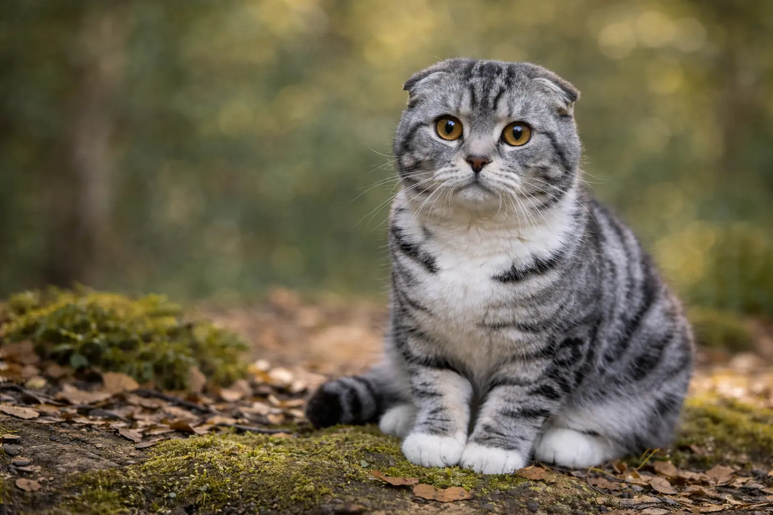 Chat Scottish Fold adulte aux oreilles pliées, pelage gris tabby et yeux ambrés, photographié en extérieur dans un environnement naturel.
