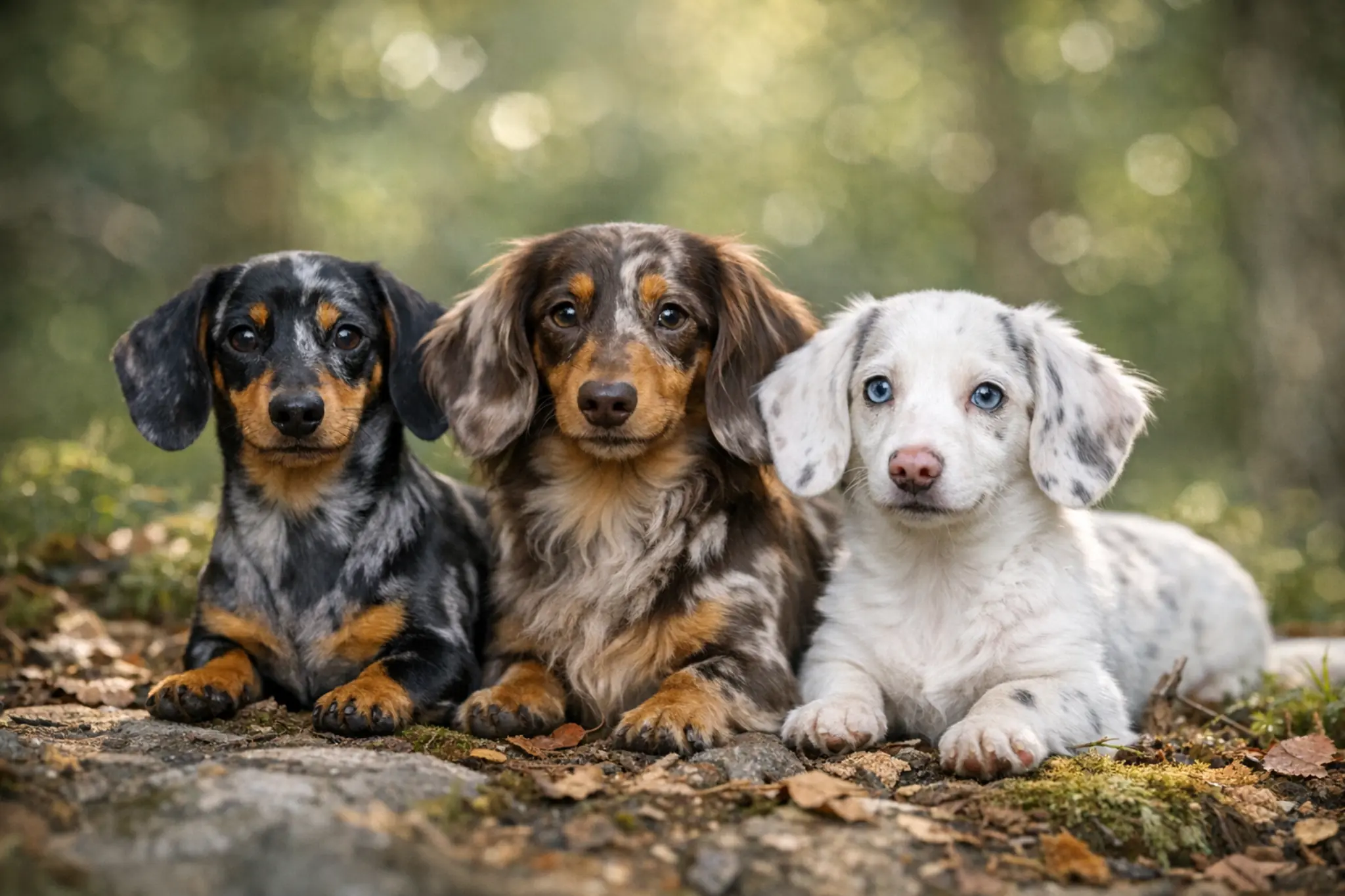 Trois teckels arlequins de couleurs différentes allongés en extérieur, illustrant le motif merle chez le teckel avec variantes noir et feu, chocolat et feu et robe très claire.