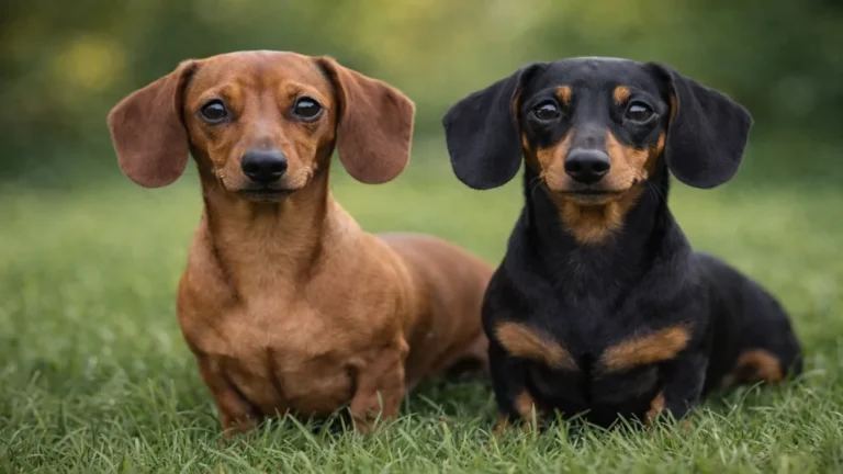 Deux teckels nains à poil ras assis dans l’herbe, illustrant la morphologie compacte et allongée de cette race de chien