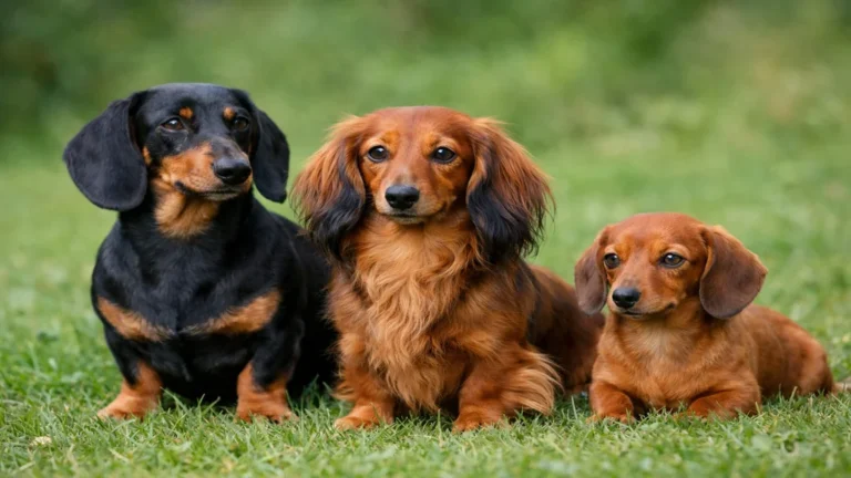 Teckel nain poil long au pelage soyeux posé sur l’herbe, illustrant les différences de gabarit entre teckel standard, nain et kaninchen