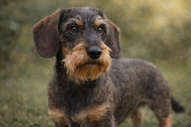 Teckel à poil dur vu de près en extérieur, montrant la barbe caractéristique, les sourcils touffus et la texture rêche du pelage typique de cette variété.