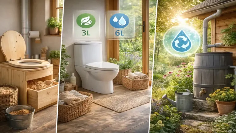 Toilettes écologiques avec toilettes sèches, WC à double chasse et système de récupération d’eau de pluie dans un environnement naturel