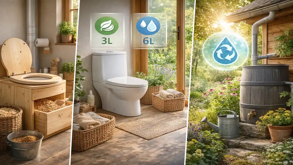 Toilettes écologiques avec toilettes sèches, WC à double chasse et système de récupération d’eau de pluie dans un environnement naturel