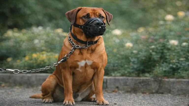 Tosa Inu adulte muselé et tenu en laisse, molosse japonais de catégorie 2, assis calmement en extérieur