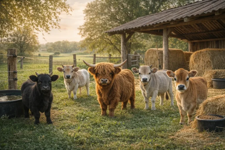 Vaches naines de différentes races (Dexter, Highland miniature et autres bovins miniatures) dans une pâture clôturée avec abri, illustrant les conditions réelles d’élevage d’une vache naine.