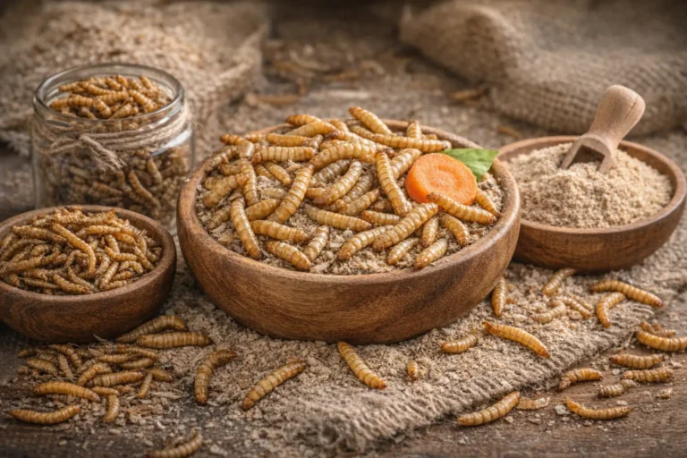 Vers de farine vivants et déshydratés présentés dans des bols en bois, avec farine d’insectes, illustrant les différentes formes commerciales du Tenebrio molitor pour l’alimentation animale et humaine.