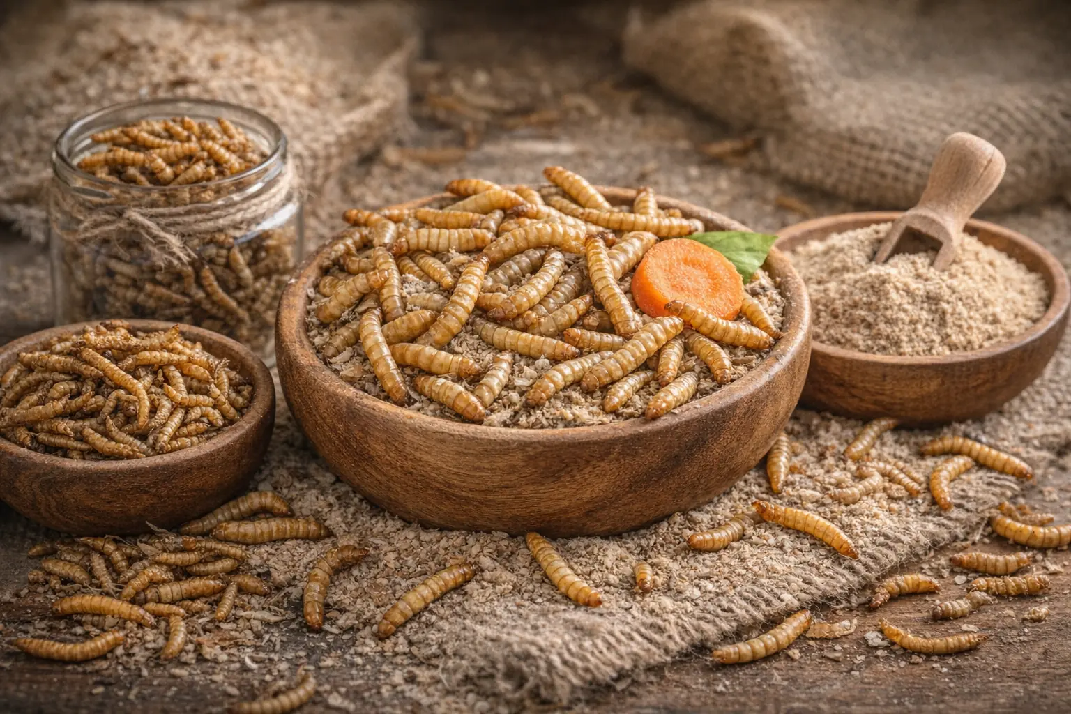 Vers de farine vivants et déshydratés présentés dans des bols en bois, avec farine d’insectes, illustrant les différentes formes commerciales du Tenebrio molitor pour l’alimentation animale et humaine.