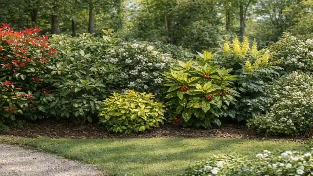 Massif d’arbustes persistants variés en jardin avec photinia, fusain, mahonia et autres feuillages décoratifs en haie structurée toute l’année