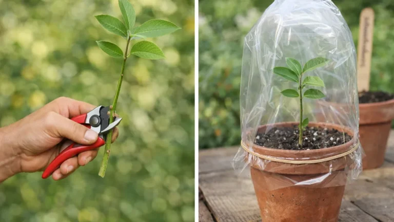 Bouturage du chèvrefeuille : tige semi-aoûtée coupée au sécateur puis bouture plantée en pot sous sac plastique transparent à l’étouffée, en extérieur.