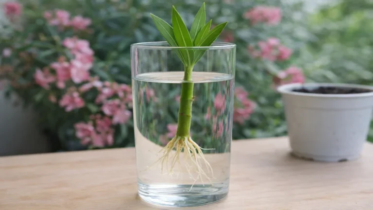 Bouture de laurier-rose dans un verre d’eau avec racines blanches visibles avant repiquage en pot, méthode de bouturage réussie