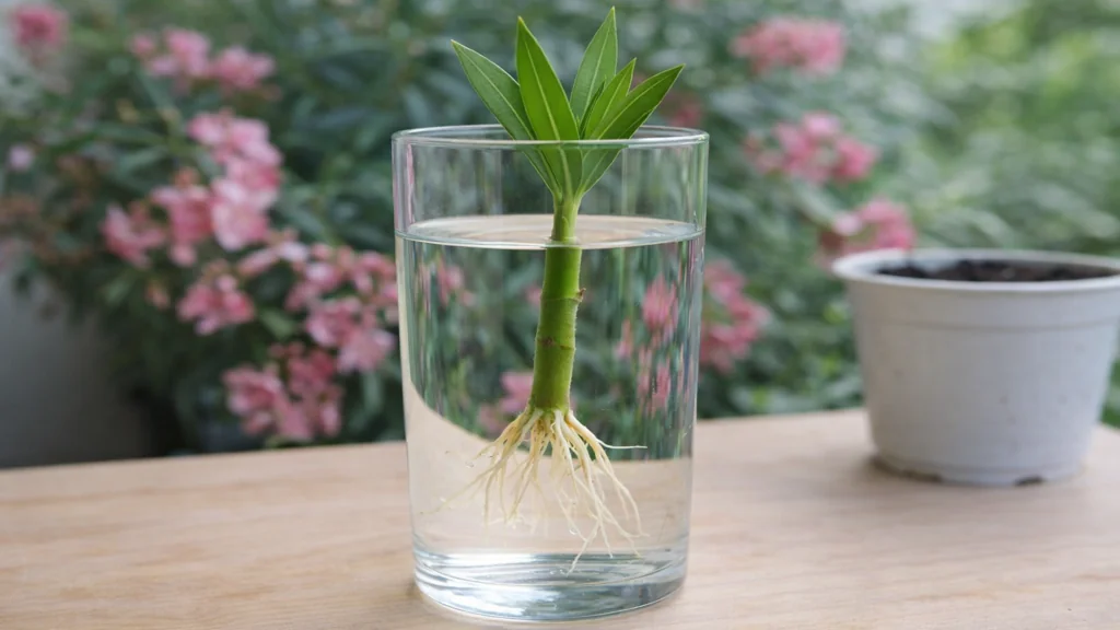 Bouture de laurier-rose dans un verre d’eau avec racines blanches visibles avant repiquage en pot, méthode de bouturage réussie