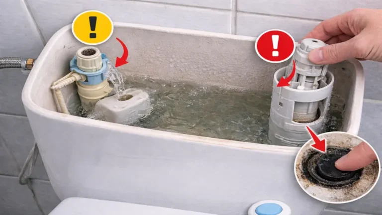 Intérieur d’un réservoir de WC avec flotteur et clapet défectueux provoquant une chasse d’eau qui coule en continu.