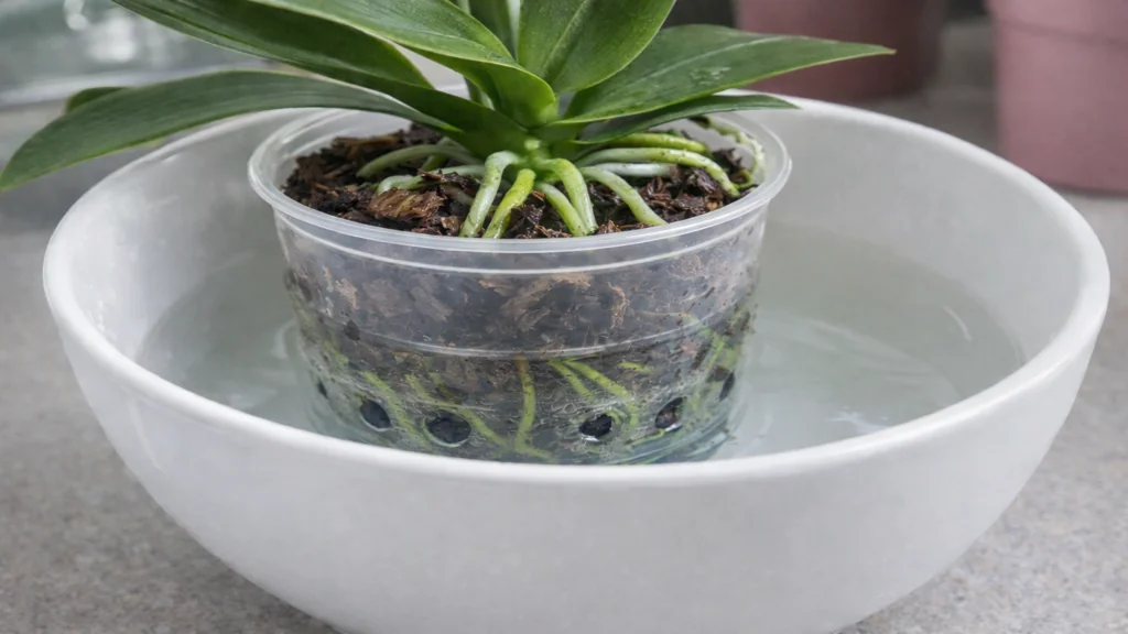 Arroser une orchidée phalaenopsis par bain d’immersion dans un bol d’eau avec pot transparent et racines vertes visibles