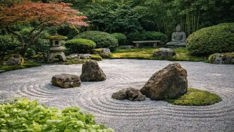 Jardin zen japonais avec gravier ratissé autour de rochers, érable du Japon et lanterne en pierre dans un espace paysager apaisant.