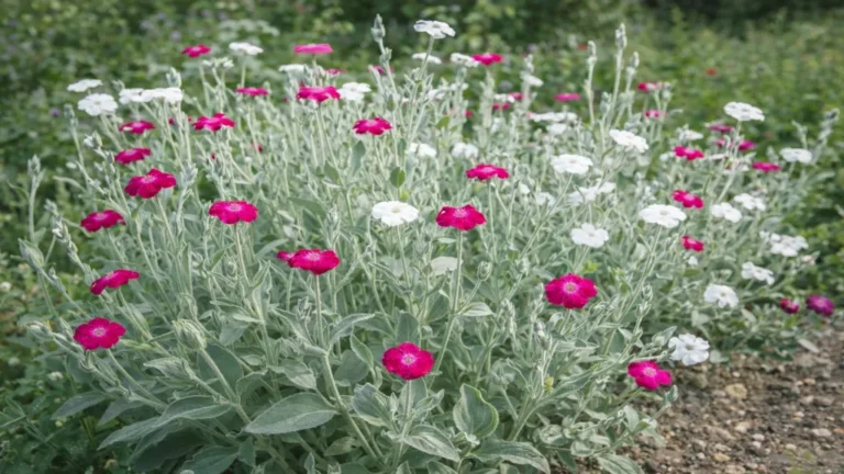 Coquelourde des jardins Lychnis coronaria en pleine floraison rose et blanche au soleil dans un massif sec et drainant