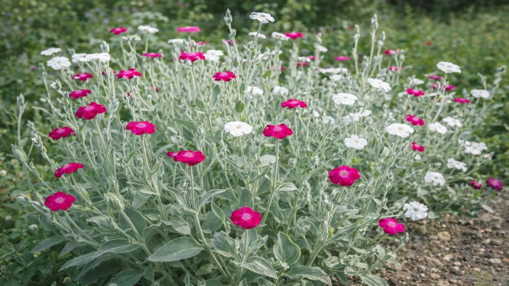 Coquelourde des jardins Lychnis coronaria en pleine floraison rose et blanche au soleil dans un massif sec et drainant