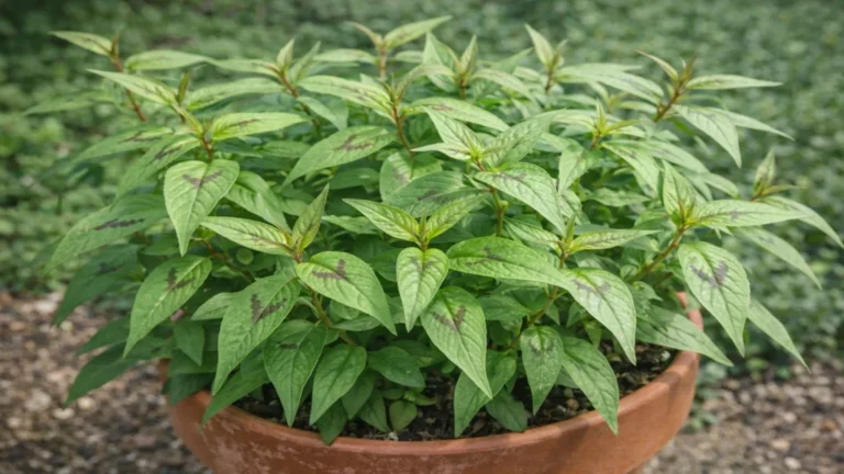 Coriandre vietnamienne Persicaria odorata en pot avec feuilles vert foncé marquées de chevrons pourpres en culture mi-ombragée