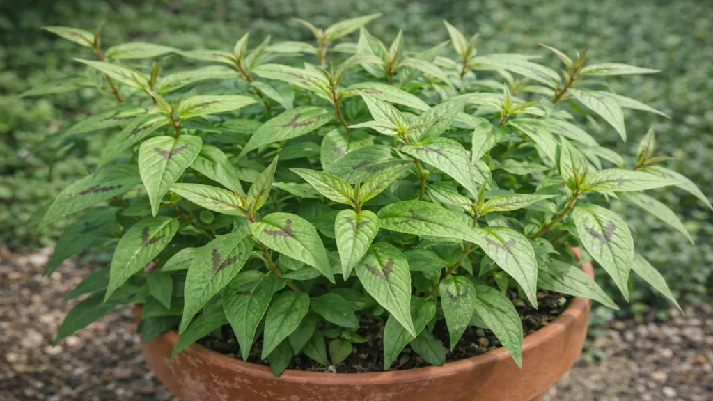 Coriandre vietnamienne Persicaria odorata en pot avec feuilles vert foncé marquées de chevrons pourpres en culture mi-ombragée